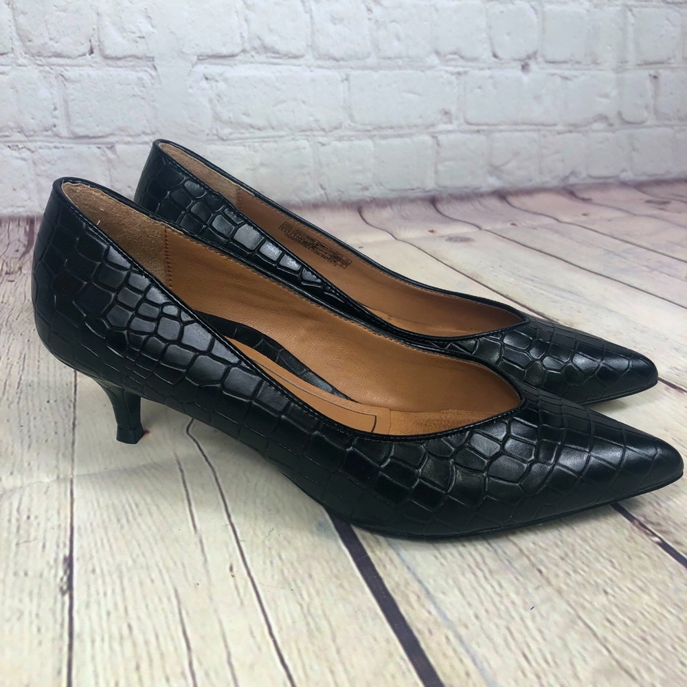 Josie Black Leather Croc Embossed Kitten Heel Pumps worn once.